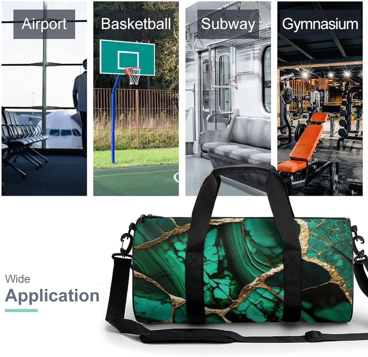 Emerald Green Marbled Gold Glitters Green Marble Large Capacity Cylindrical Fitness Bag, Hand-held Fitness Bag