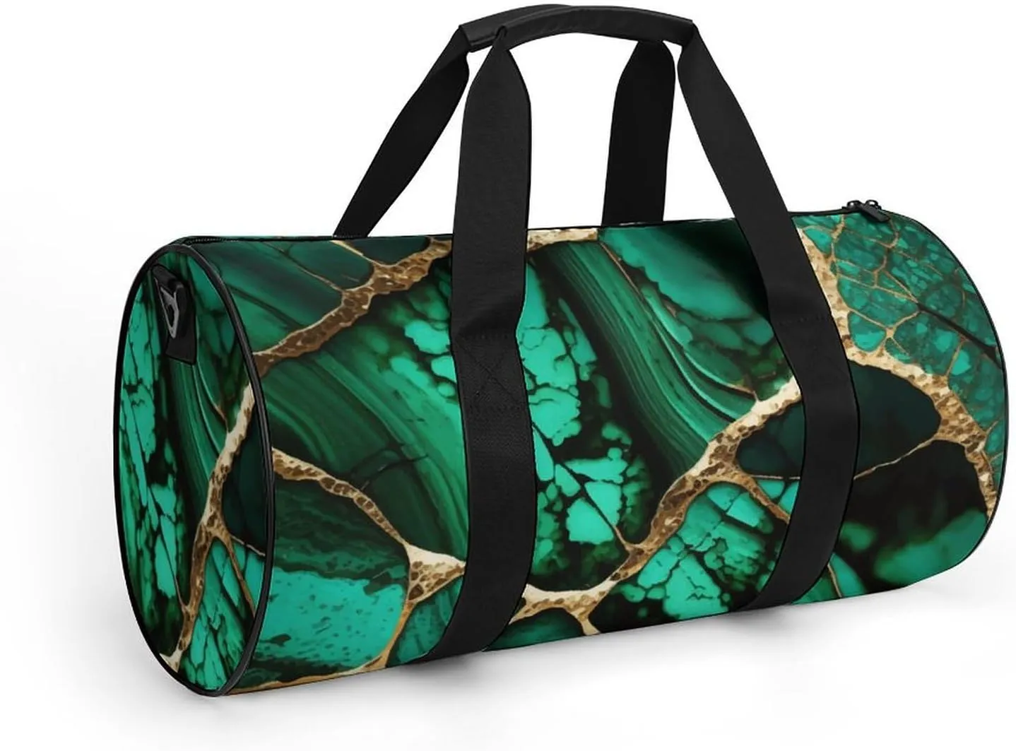 Emerald Green Marbled Gold Glitters Green Marble Large Capacity Cylindrical Fitness Bag, Hand-held Fitness Bag