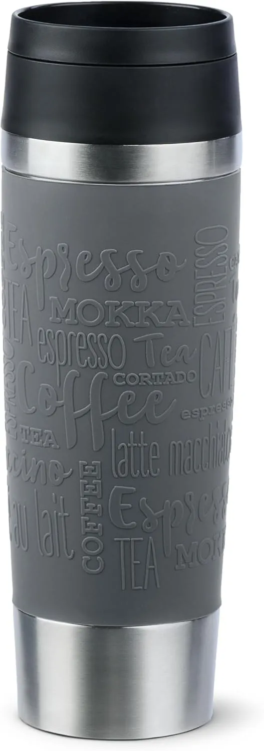 Emsa N20223 Travel Mug Classic Insulated Mug 0.5 Litres, Comfort Screw Cap, Stainless Steel, 6 Hours Hot and 12 Hours Cold, 100% Leak-Proof, Dishwasher Safe, 360° Drinking Opening, Dark Grey