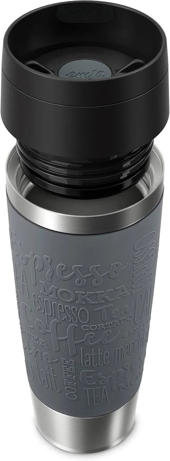 Emsa N20223 Travel Mug Classic Insulated Mug 0.5 Litres, Comfort Screw Cap, Stainless Steel, 6 Hours Hot and 12 Hours Cold, 100% Leak-Proof, Dishwasher Safe, 360° Drinking Opening, Dark Grey