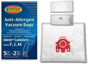 EnviroCare Replacement Anti-Allergen Bags for Miele Canisters Style F J M 5 Pack with 2 Filters, White