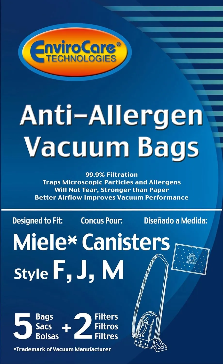 EnviroCare Replacement Anti-Allergen Bags for Miele Canisters Style F J M 5 Pack with 2 Filters, White