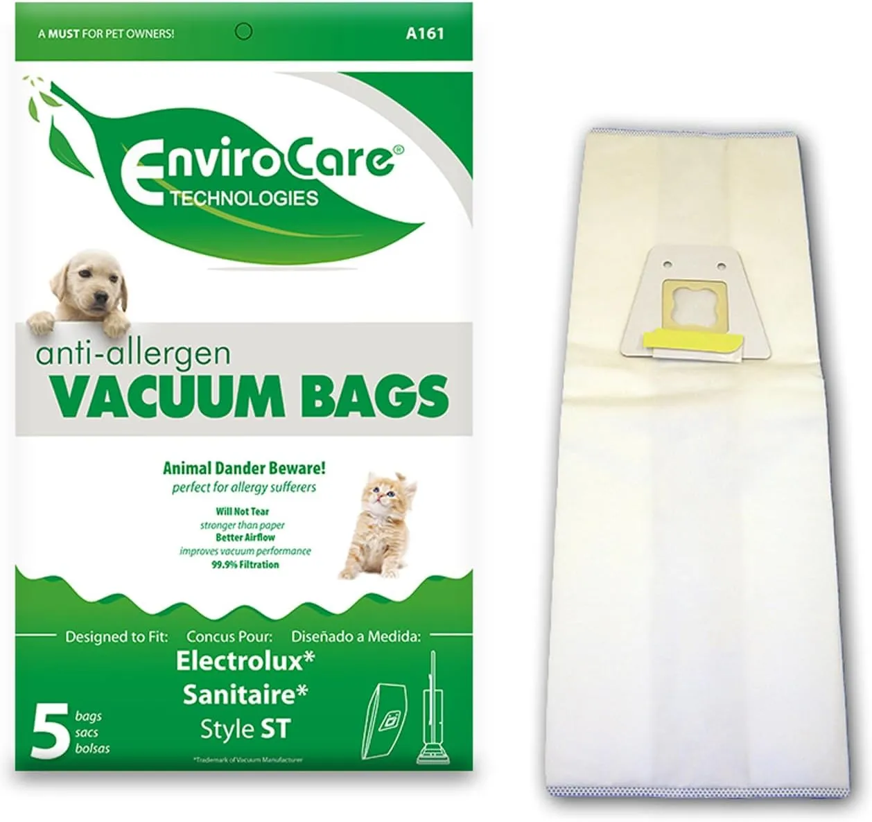 EnviroCare Replacement Anti-Allergen Vacuum Bags for Sanitaire Eureka Style ST Uprights 5 Pack, White