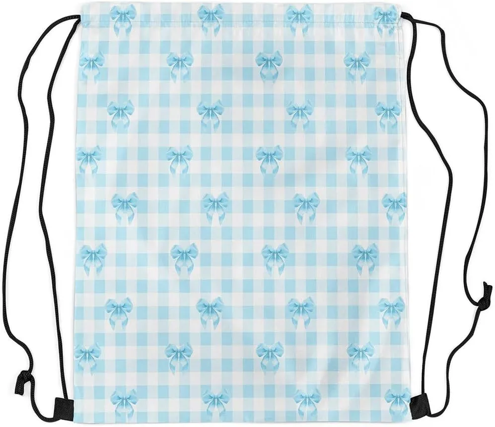 Erosebridal Blue Bowknot Drawstring Backpack 13x15.7, Dreamy Princess Bow Tie Reversible String Bag, Cute Kawaii Ribbon Sackpack For Sport Gym Swim Yoga Camping, Cartoon Grid Plaid Cinch Bags
