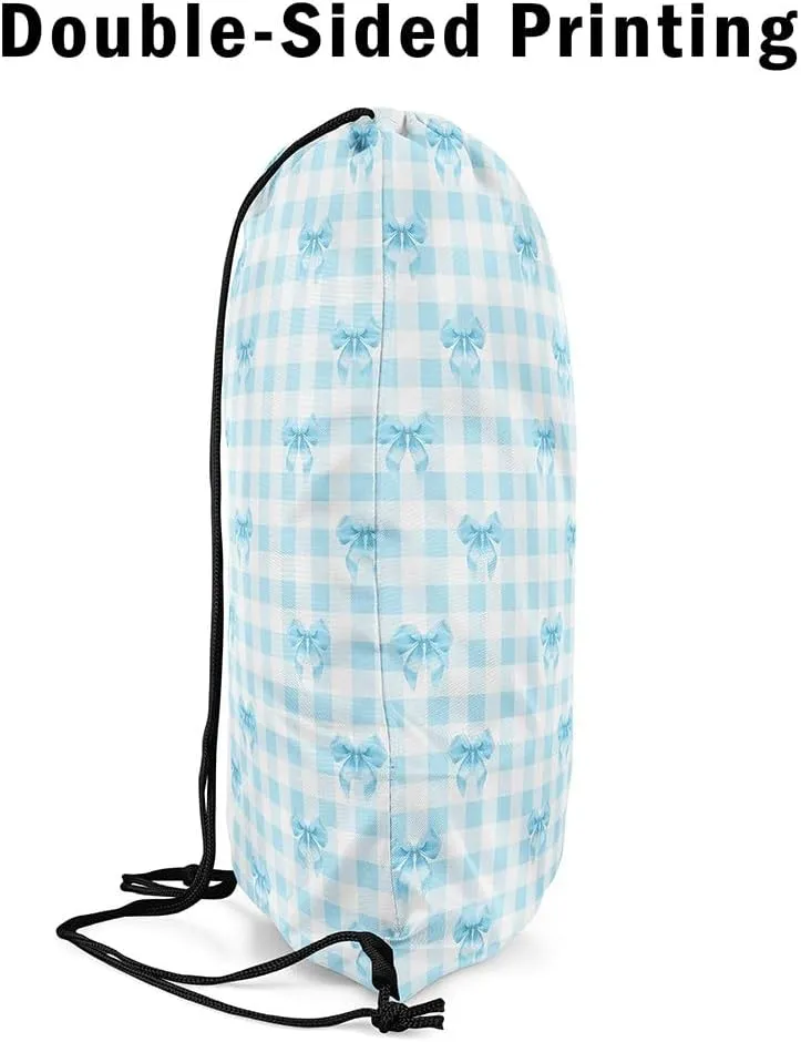 Erosebridal Blue Bowknot Drawstring Backpack 13x15.7, Dreamy Princess Bow Tie Reversible String Bag, Cute Kawaii Ribbon Sackpack For Sport Gym Swim Yoga Camping, Cartoon Grid Plaid Cinch Bags