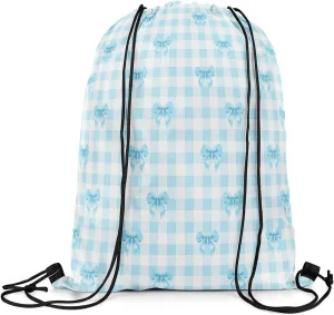 Erosebridal Blue Bowknot Drawstring Backpack 13x15.7, Dreamy Princess Bow Tie Reversible String Bag, Cute Kawaii Ribbon Sackpack For Sport Gym Swim Yoga Camping, Cartoon Grid Plaid Cinch Bags