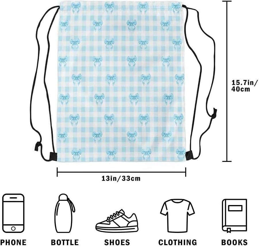 Erosebridal Blue Bowknot Drawstring Backpack 13x15.7, Dreamy Princess Bow Tie Reversible String Bag, Cute Kawaii Ribbon Sackpack For Sport Gym Swim Yoga Camping, Cartoon Grid Plaid Cinch Bags