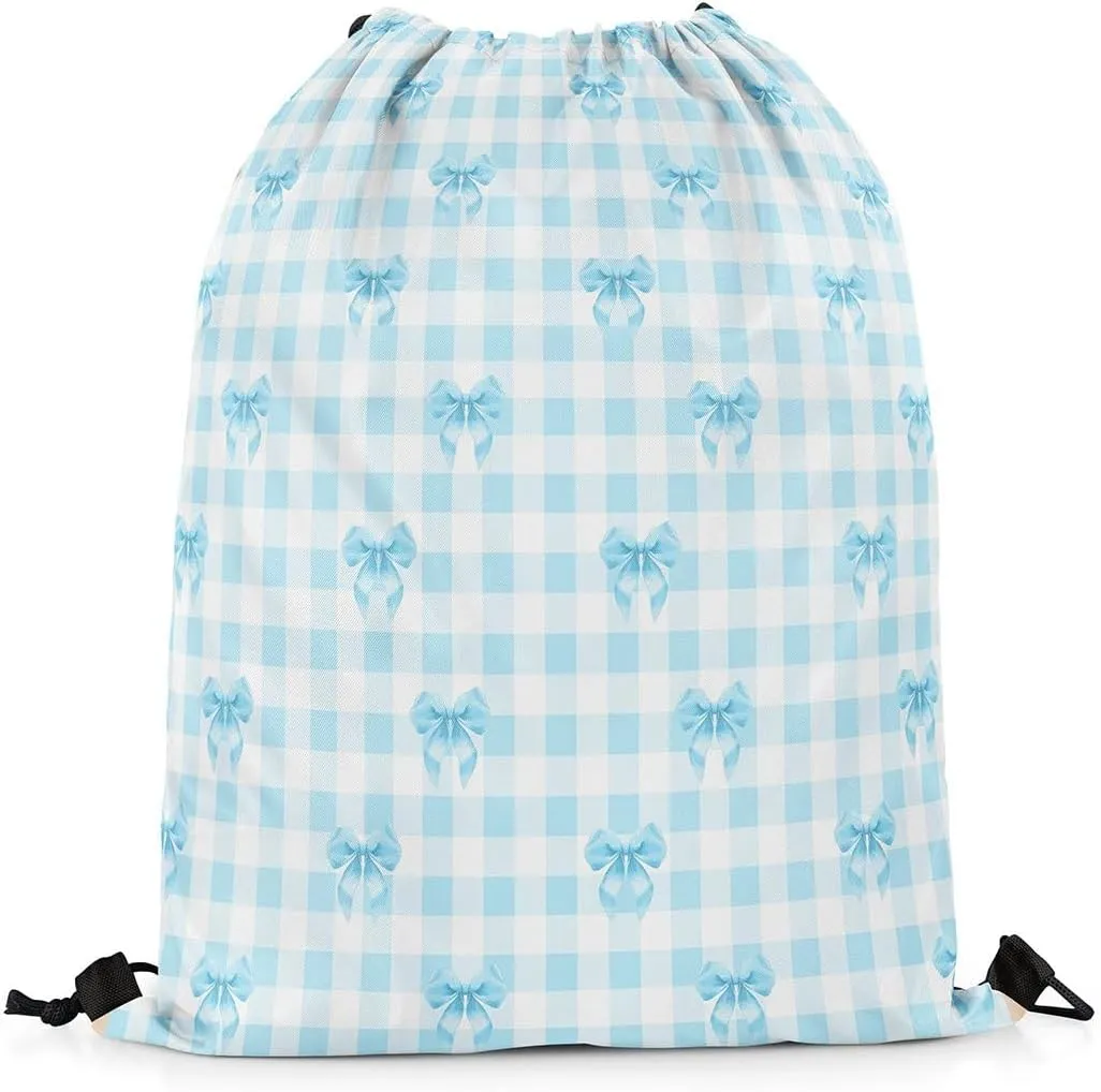 Erosebridal Blue Bowknot Drawstring Backpack 13x15.7, Dreamy Princess Bow Tie Reversible String Bag, Cute Kawaii Ribbon Sackpack For Sport Gym Swim Yoga Camping, Cartoon Grid Plaid Cinch Bags