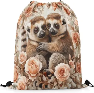 Erosebridal Cute Raccoon Drawstring Backpack,Rose Vintage Flower Floral Drawstring Bags for Sport Gym Swim Yoga,Wildlife Woodland Animal Draw String Back Bag,Kawaii Raccoon String Backpack,13x15.7