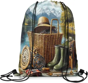 Erosebridal Fishing Drawstring Backpack 13x15.7 Rural Fisherman Botanical Sackpack For Fishing Lovers Vintage Rustic Cabin Foldable String Bag Wild Farmhouse Country Cinch Bags For Sport Gym Swim