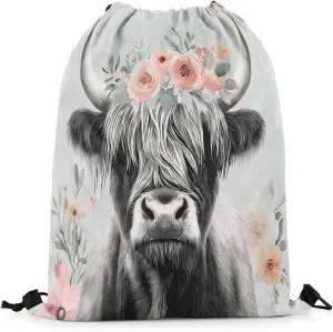 Erosebridal Highland Cow Drawstring Backpack 13X15.7, Bright Flowers Leaves Waterproof Drawstring Bags, Bull Cattle Wreath Draw String Back Bag, Wildlife Botanical Rural Farmhouse String Backpack