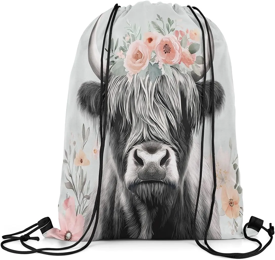 Erosebridal Highland Cow Drawstring Backpack 13X15.7, Bright Flowers Leaves Waterproof Drawstring Bags, Bull Cattle Wreath Draw String Back Bag, Wildlife Botanical Rural Farmhouse String Backpack