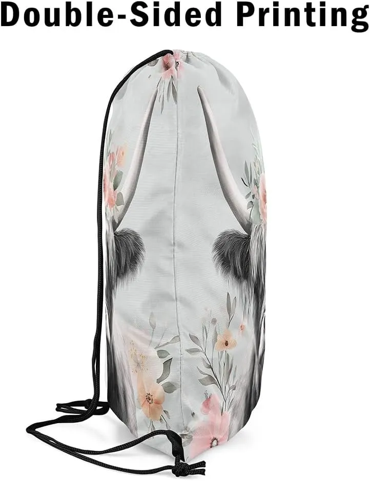 Erosebridal Highland Cow Drawstring Backpack 13X15.7, Bright Flowers Leaves Waterproof Drawstring Bags, Bull Cattle Wreath Draw String Back Bag, Wildlife Botanical Rural Farmhouse String Backpack