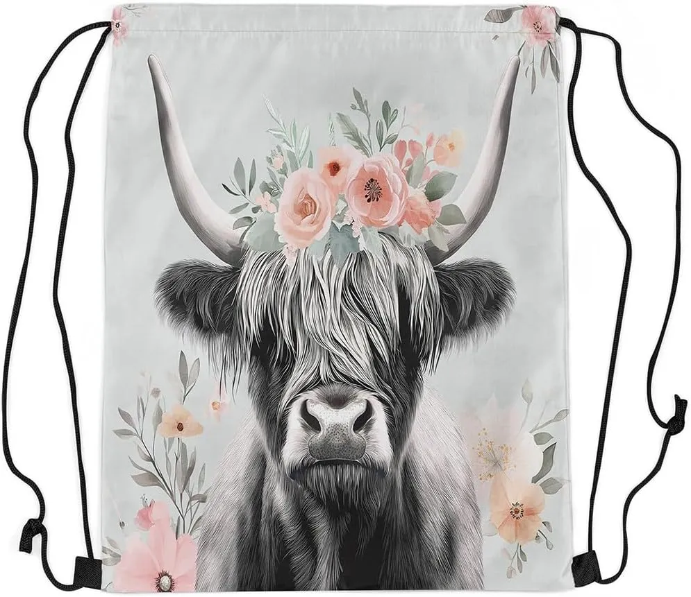 Erosebridal Highland Cow Drawstring Backpack 13X15.7, Bright Flowers Leaves Waterproof Drawstring Bags, Bull Cattle Wreath Draw String Back Bag, Wildlife Botanical Rural Farmhouse String Backpack