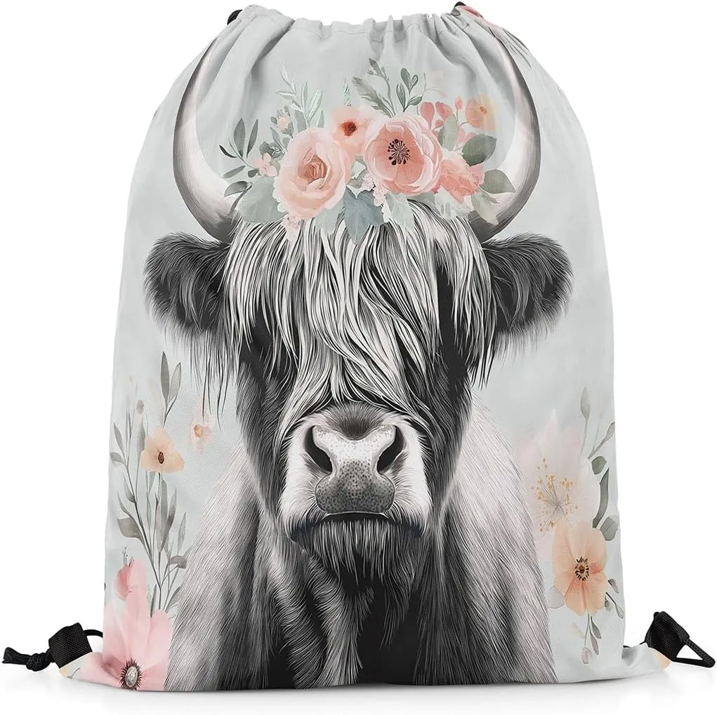 Erosebridal Highland Cow Drawstring Backpack 13X15.7, Bright Flowers Leaves Waterproof Drawstring Bags, Bull Cattle Wreath Draw String Back Bag, Wildlife Botanical Rural Farmhouse String Backpack