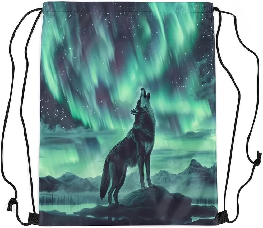 Erosebridal Howling Wolf Drawstring Bags,Northern Lights Aurora Drawstring Backpack,Fantasy Dreamy Starry Sky Draw String Back Bag,Wolves Wildlife Safari Animal String Backpack,13x15.7
