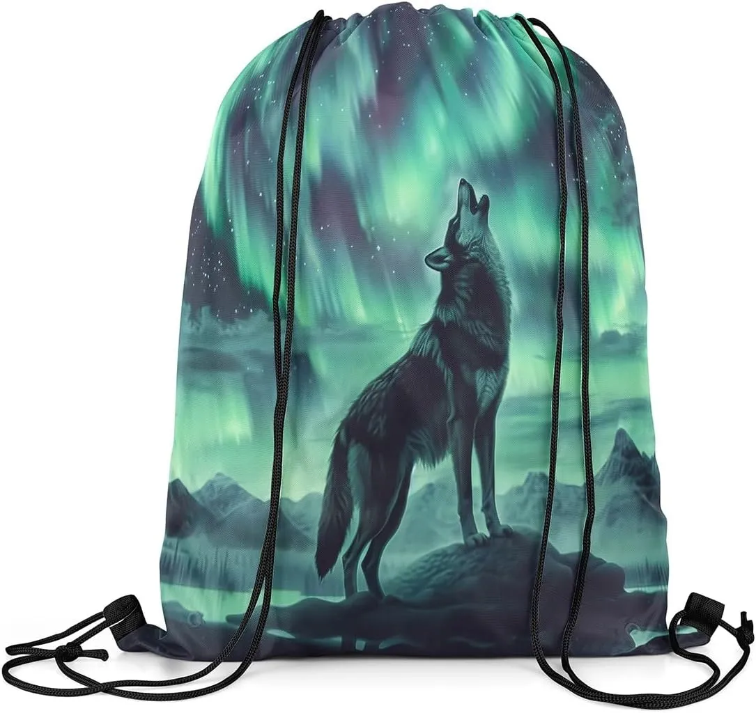 Erosebridal Howling Wolf Drawstring Bags,Northern Lights Aurora Drawstring Backpack,Fantasy Dreamy Starry Sky Draw String Back Bag,Wolves Wildlife Safari Animal String Backpack,13x15.7