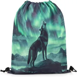 Erosebridal Howling Wolf Drawstring Bags,Northern Lights Aurora Drawstring Backpack,Fantasy Dreamy Starry Sky Draw String Back Bag,Wolves Wildlife Safari Animal String Backpack,13x15.7