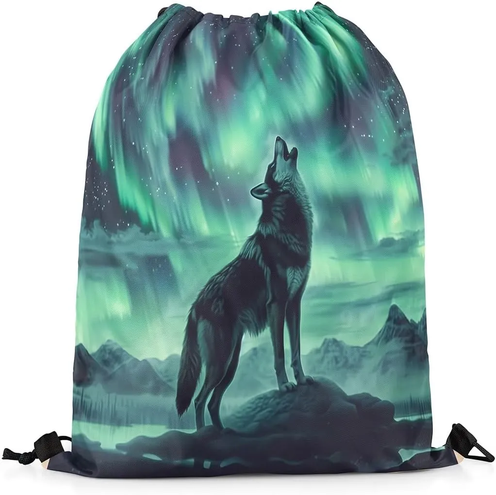 Erosebridal Howling Wolf Drawstring Bags,Northern Lights Aurora Drawstring Backpack,Fantasy Dreamy Starry Sky Draw String Back Bag,Wolves Wildlife Safari Animal String Backpack,13x15.7
