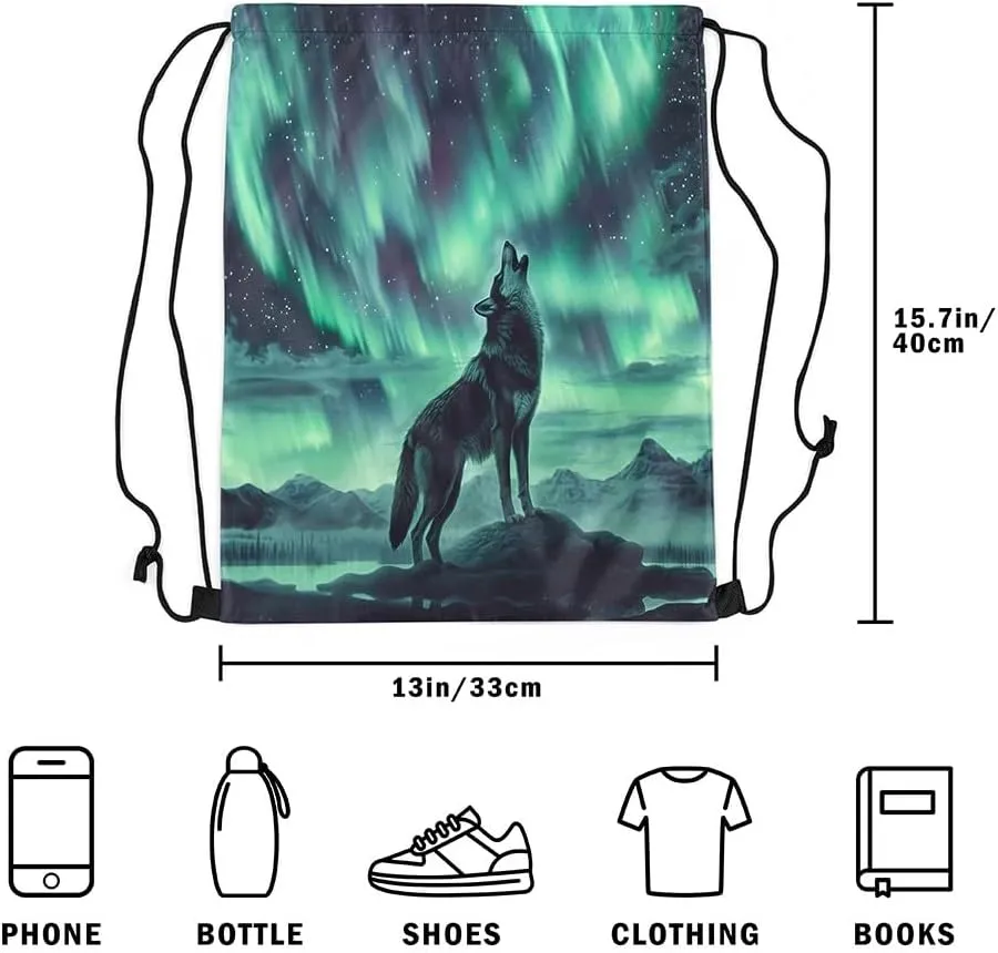 Erosebridal Howling Wolf Drawstring Bags,Northern Lights Aurora Drawstring Backpack,Fantasy Dreamy Starry Sky Draw String Back Bag,Wolves Wildlife Safari Animal String Backpack,13x15.7