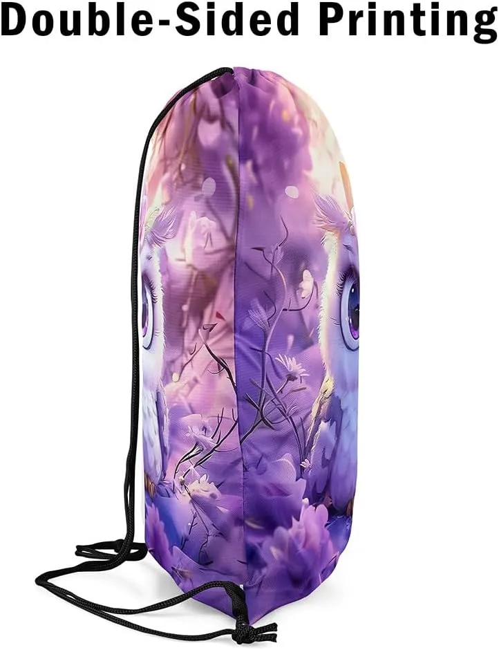 Erosebridal Kawaii Owl Drawstring Backpack 13x15.7, Cute Safari Flowers Foldable Drawstring Bags, Animals Wildlife Printed Draw String Back Bag For Sport Gym, Pink White Florals String Backpack