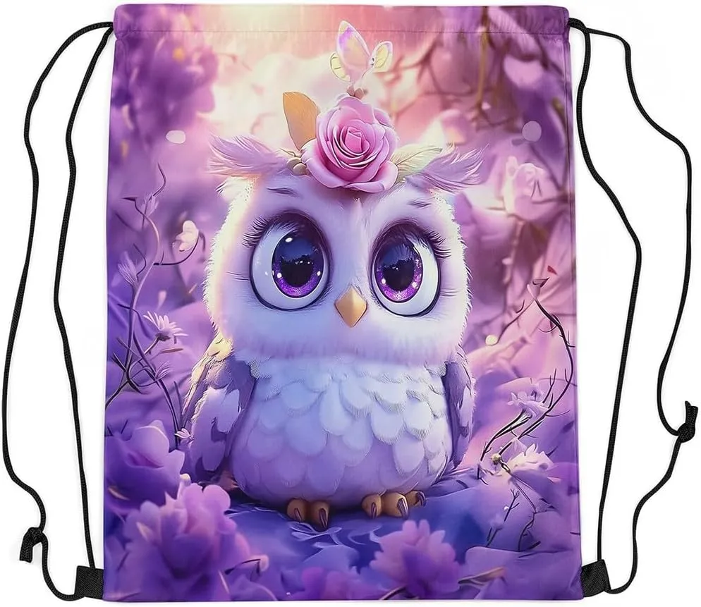 Erosebridal Kawaii Owl Drawstring Backpack 13x15.7, Cute Safari Flowers Foldable Drawstring Bags, Animals Wildlife Printed Draw String Back Bag For Sport Gym, Pink White Florals String Backpack