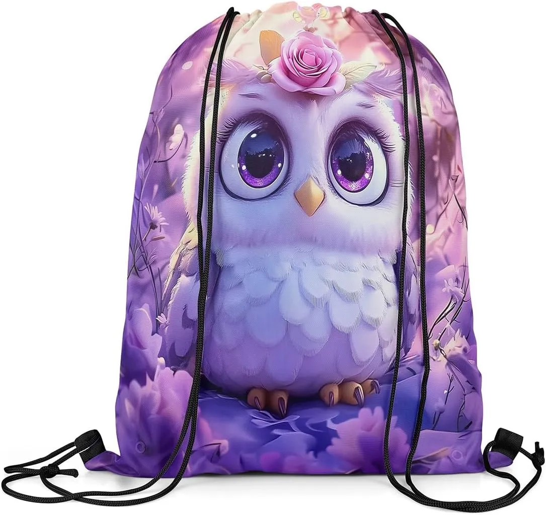 Erosebridal Kawaii Owl Drawstring Backpack 13x15.7, Cute Safari Flowers Foldable Drawstring Bags, Animals Wildlife Printed Draw String Back Bag For Sport Gym, Pink White Florals String Backpack