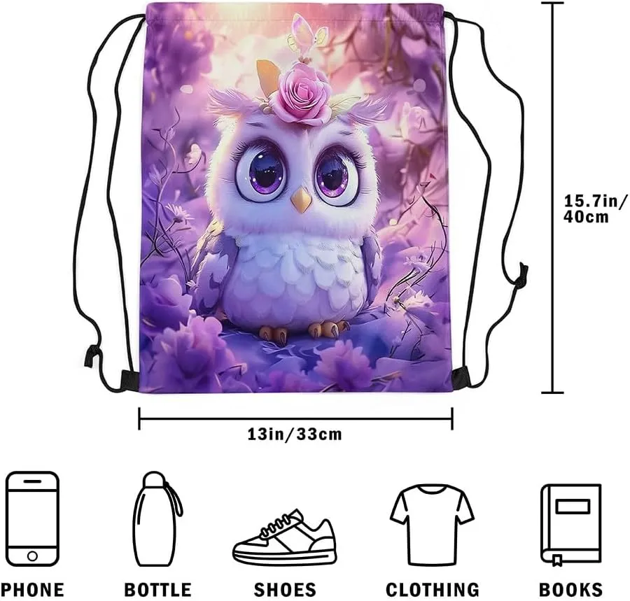 Erosebridal Kawaii Owl Drawstring Backpack 13x15.7, Cute Safari Flowers Foldable Drawstring Bags, Animals Wildlife Printed Draw String Back Bag For Sport Gym, Pink White Florals String Backpack