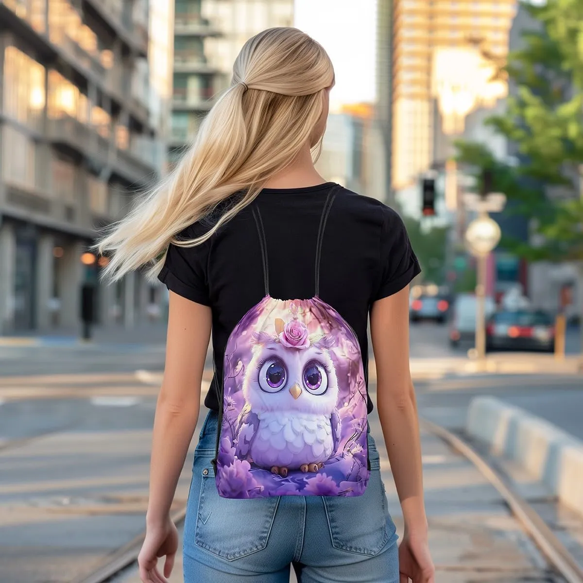 Erosebridal Kawaii Owl Drawstring Backpack 13x15.7, Cute Safari Flowers Foldable Drawstring Bags, Animals Wildlife Printed Draw String Back Bag For Sport Gym, Pink White Florals String Backpack