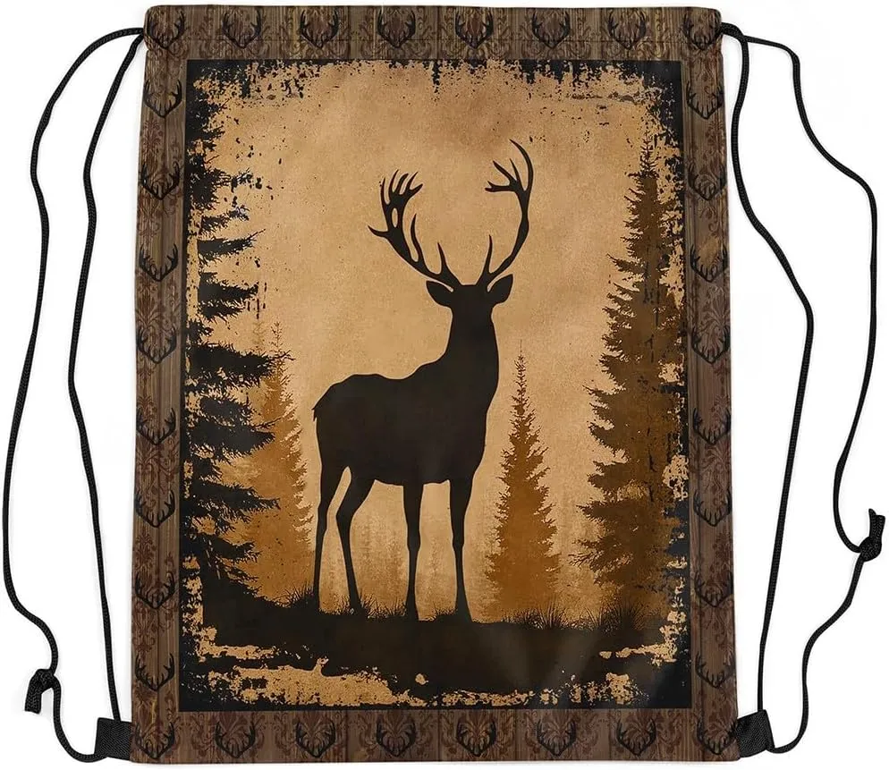 Erosebridal Vintage Deer Foldable Drawstring Backpack,Cabin Deer Hunting Drawstring Bags,Woodland Alk Deer Moose Farmhouse Animal Draw String Back Bag,Pine Tree Botanical String Backpack,13x15.7