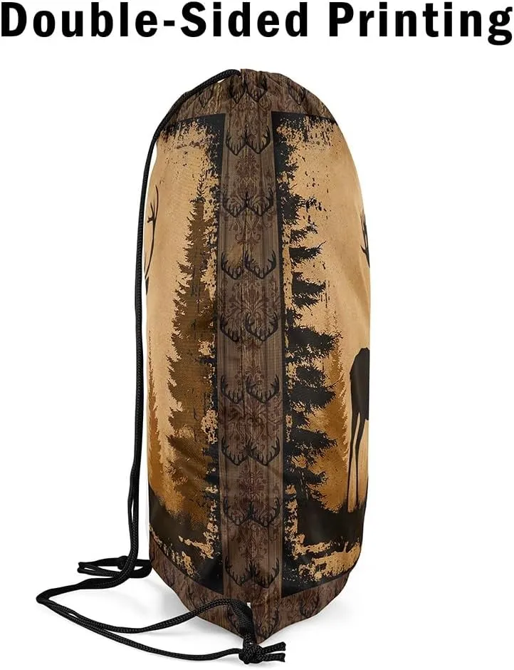 Erosebridal Vintage Deer Foldable Drawstring Backpack,Cabin Deer Hunting Drawstring Bags,Woodland Alk Deer Moose Farmhouse Animal Draw String Back Bag,Pine Tree Botanical String Backpack,13x15.7