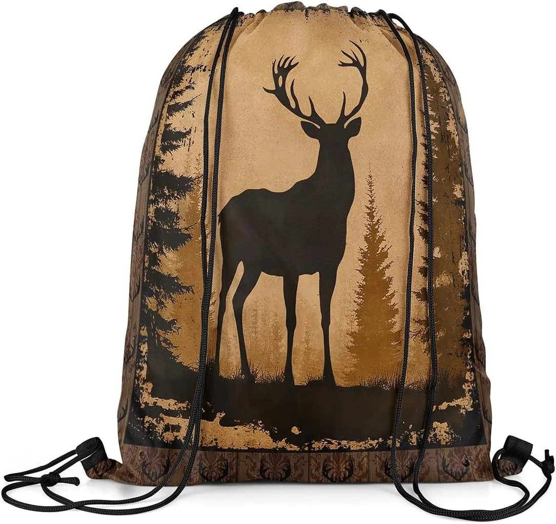 Erosebridal Vintage Deer Foldable Drawstring Backpack,Cabin Deer Hunting Drawstring Bags,Woodland Alk Deer Moose Farmhouse Animal Draw String Back Bag,Pine Tree Botanical String Backpack,13x15.7