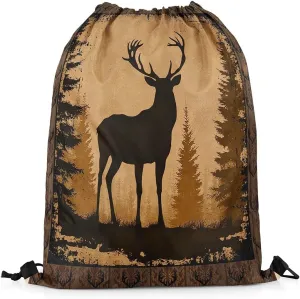Erosebridal Vintage Deer Foldable Drawstring Backpack,Cabin Deer Hunting Drawstring Bags,Woodland Alk Deer Moose Farmhouse Animal Draw String Back Bag,Pine Tree Botanical String Backpack,13x15.7
