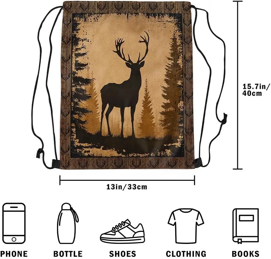 Erosebridal Vintage Deer Foldable Drawstring Backpack,Cabin Deer Hunting Drawstring Bags,Woodland Alk Deer Moose Farmhouse Animal Draw String Back Bag,Pine Tree Botanical String Backpack,13x15.7