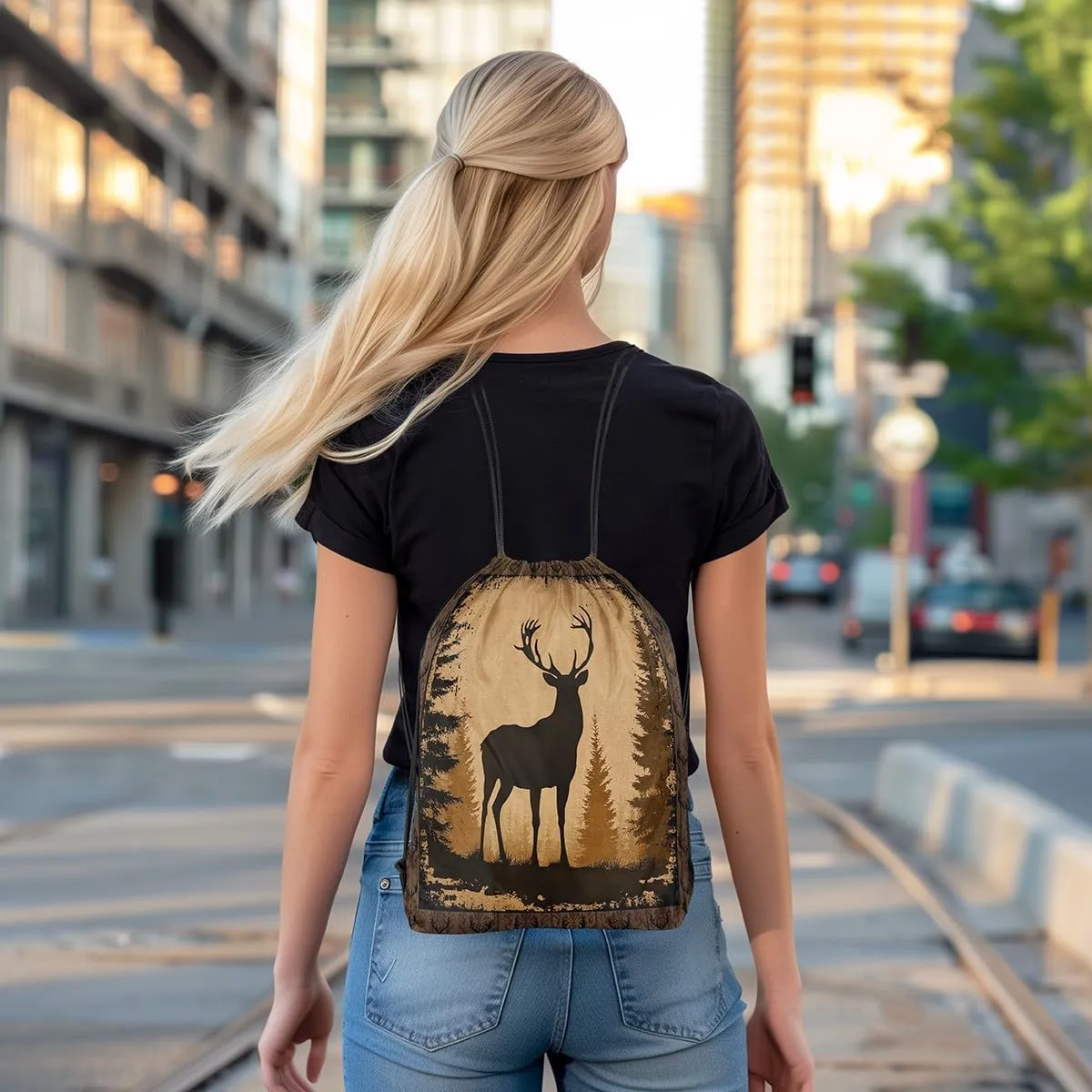 Erosebridal Vintage Deer Foldable Drawstring Backpack,Cabin Deer Hunting Drawstring Bags,Woodland Alk Deer Moose Farmhouse Animal Draw String Back Bag,Pine Tree Botanical String Backpack,13x15.7