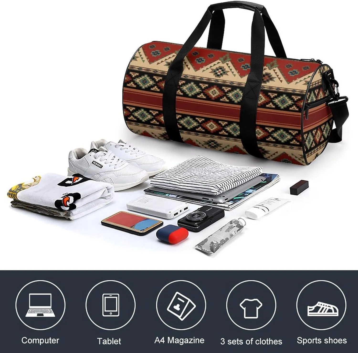 Ethnic Aztec Indiana Western Southwest Retro Vintage Pattern.png Large Capacity Cylindrical Fitness Bag, Hand-held Fitness Bag