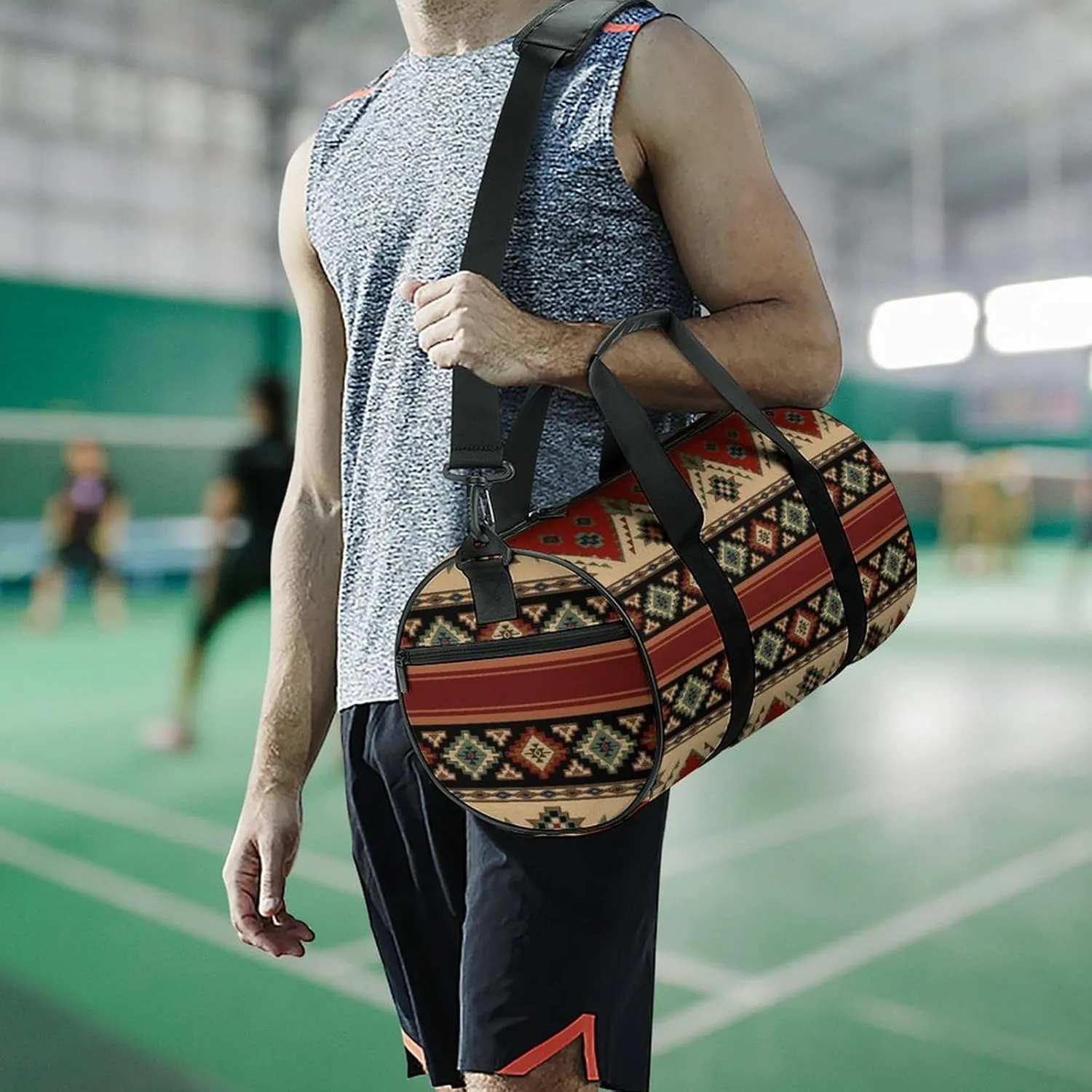 Ethnic Aztec Indiana Western Southwest Retro Vintage Pattern.png Large Capacity Cylindrical Fitness Bag, Hand-held Fitness Bag