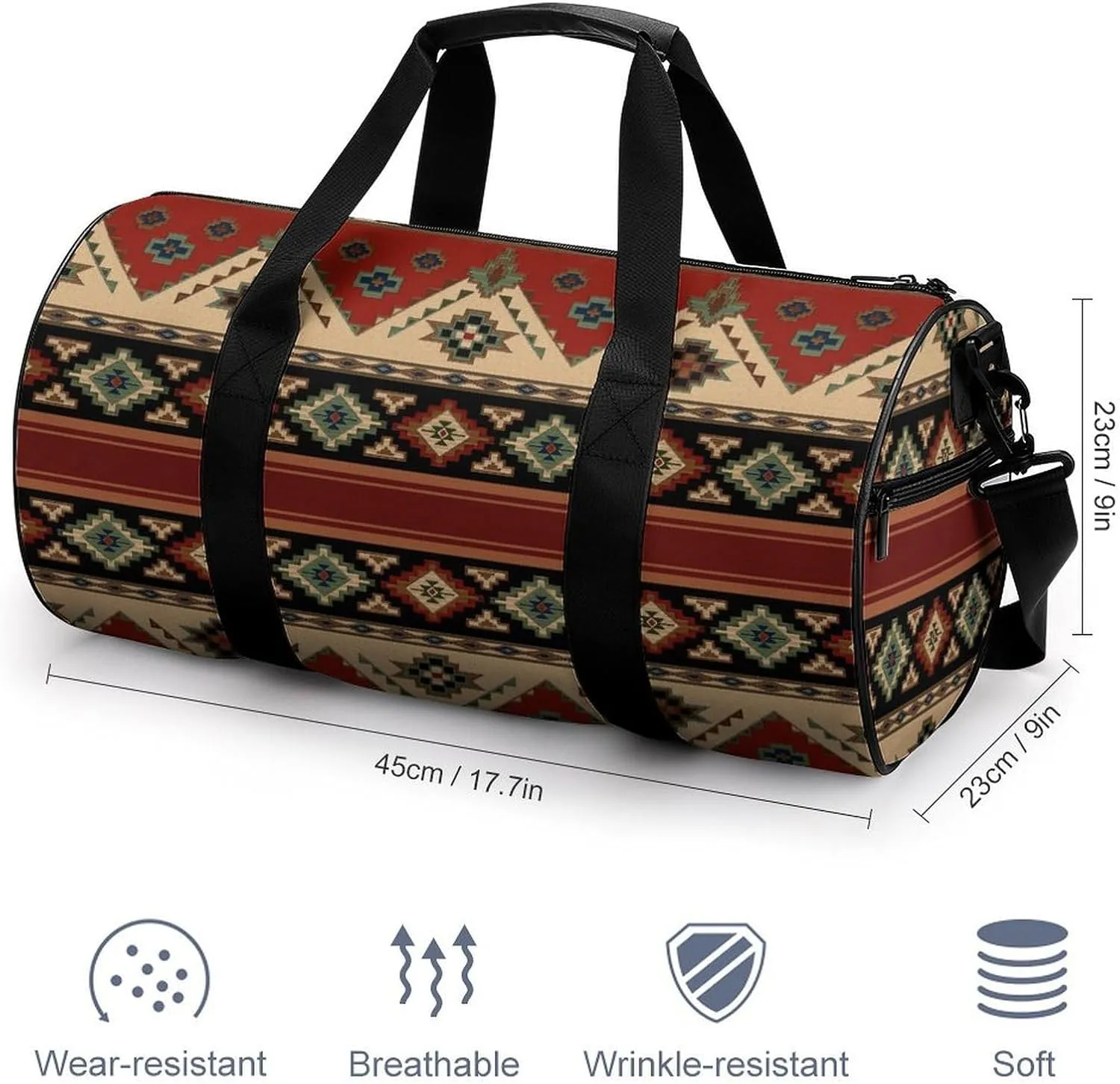 Ethnic Aztec Indiana Western Southwest Retro Vintage Pattern.png Large Capacity Cylindrical Fitness Bag, Hand-held Fitness Bag