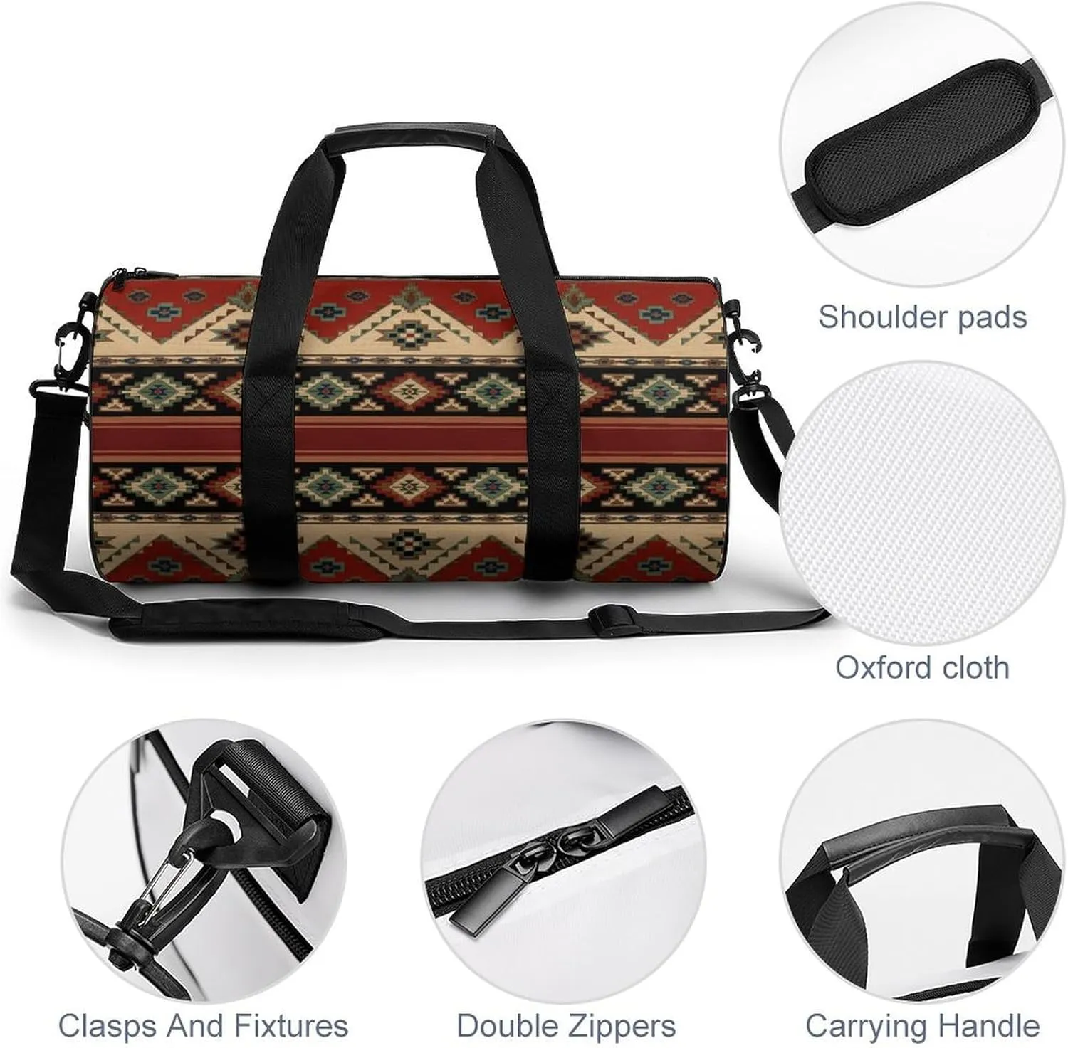 Ethnic Aztec Indiana Western Southwest Retro Vintage Pattern.png Large Capacity Cylindrical Fitness Bag, Hand-held Fitness Bag