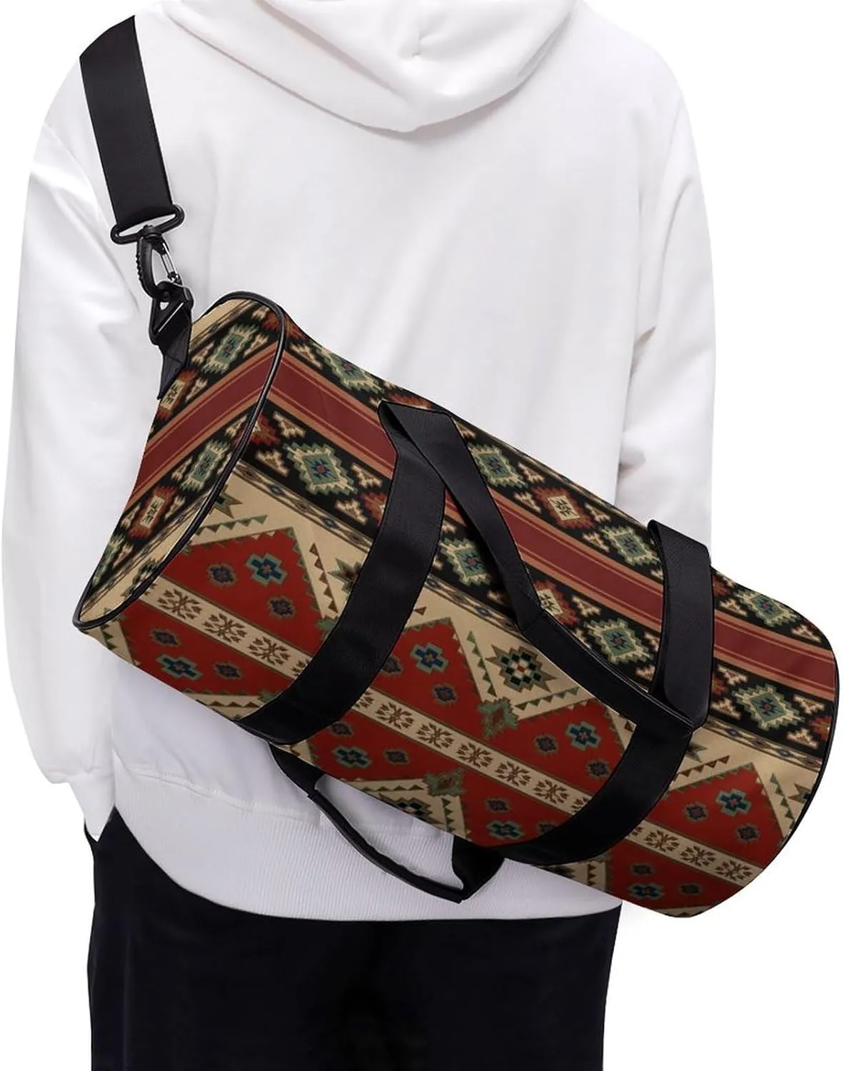 Ethnic Aztec Indiana Western Southwest Retro Vintage Pattern.png Large Capacity Cylindrical Fitness Bag, Hand-held Fitness Bag