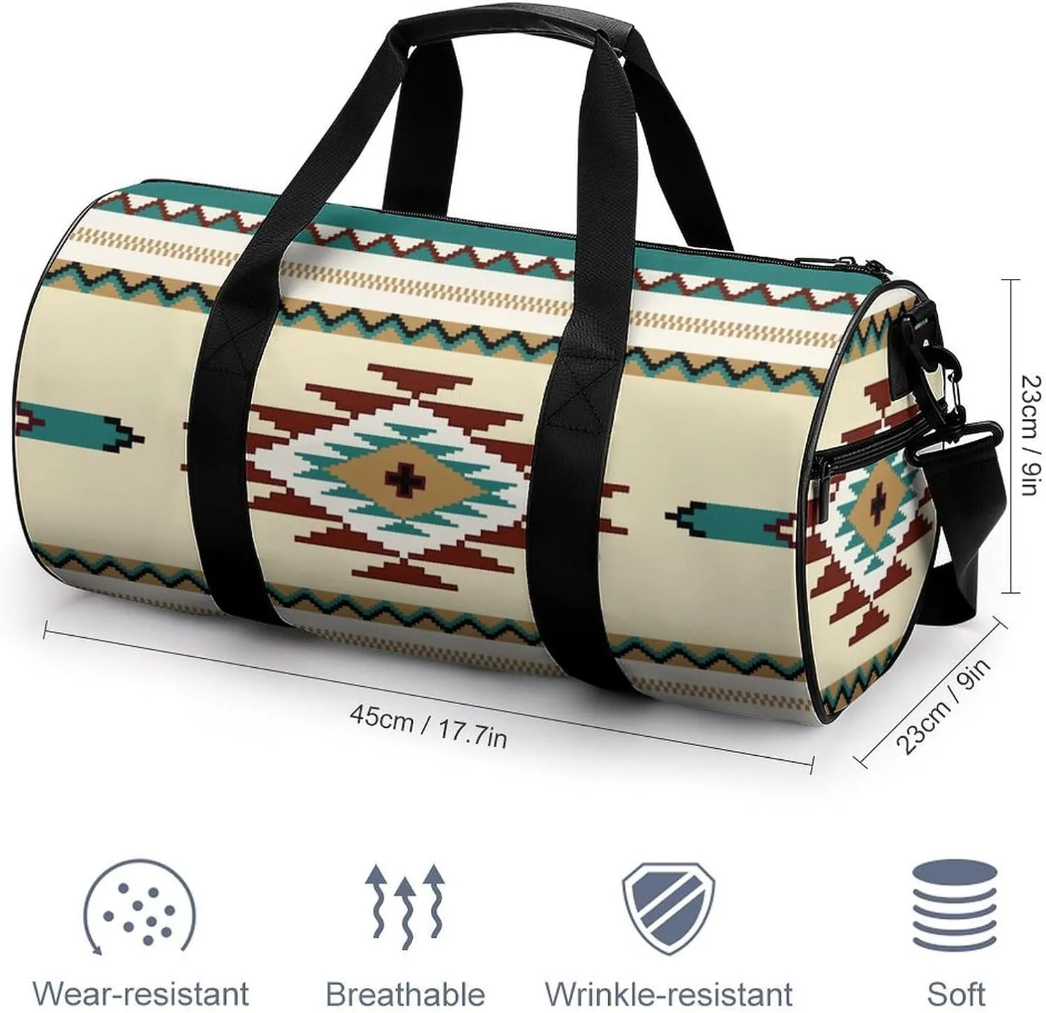 Ethnic Indiana Southwest Western Tribal Aztec Green Large Capacity Cylindrical Fitness Bag, Hand-held Fitness Bag