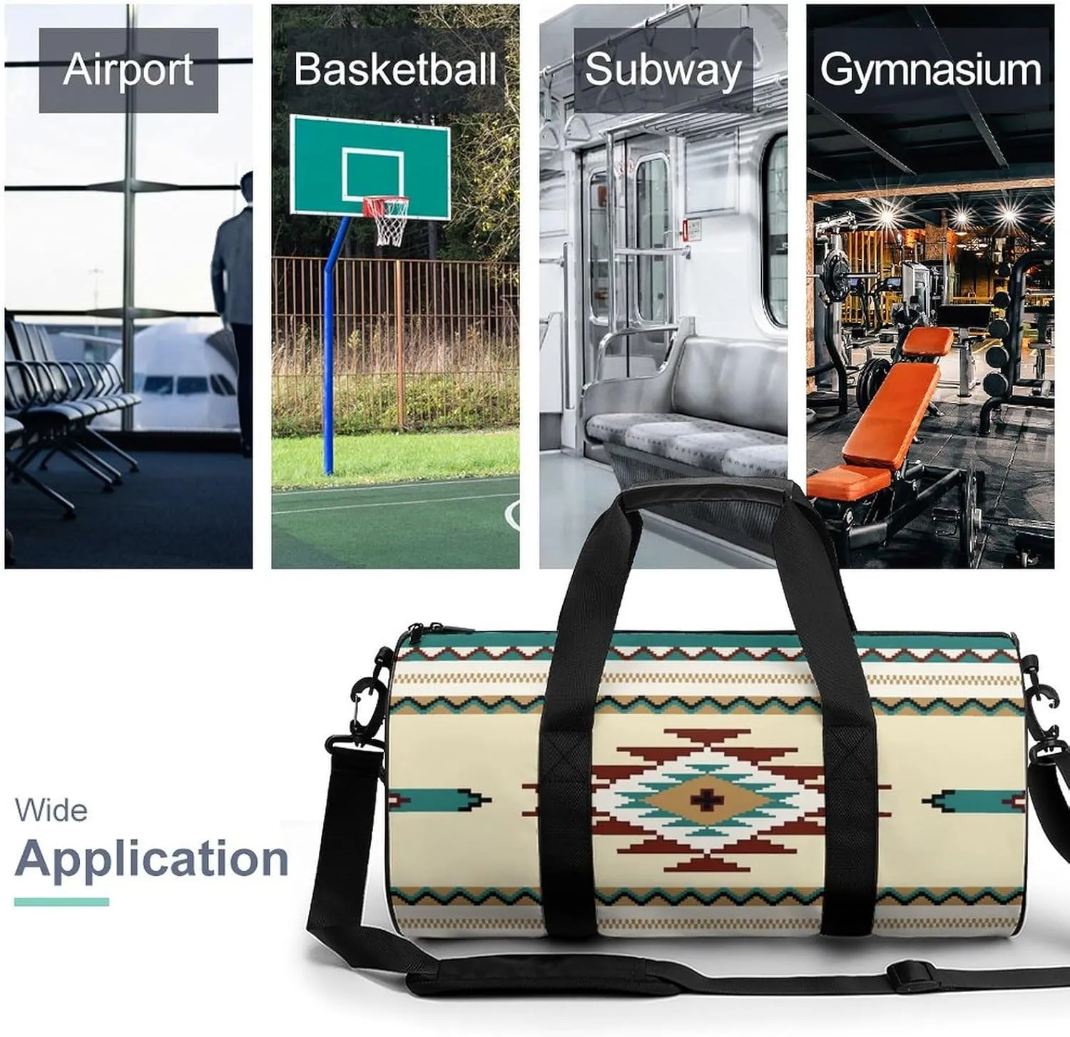 Ethnic Indiana Southwest Western Tribal Aztec Green Large Capacity Cylindrical Fitness Bag, Hand-held Fitness Bag