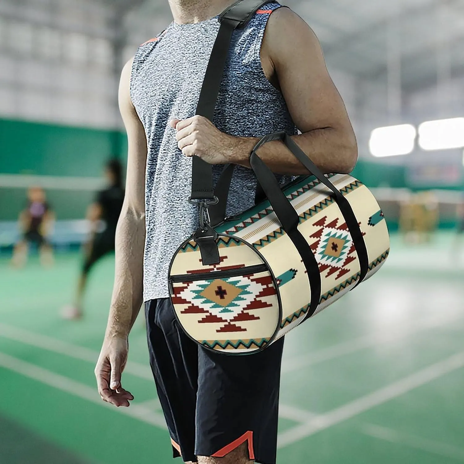 Ethnic Indiana Southwest Western Tribal Aztec Green Large Capacity Cylindrical Fitness Bag, Hand-held Fitness Bag