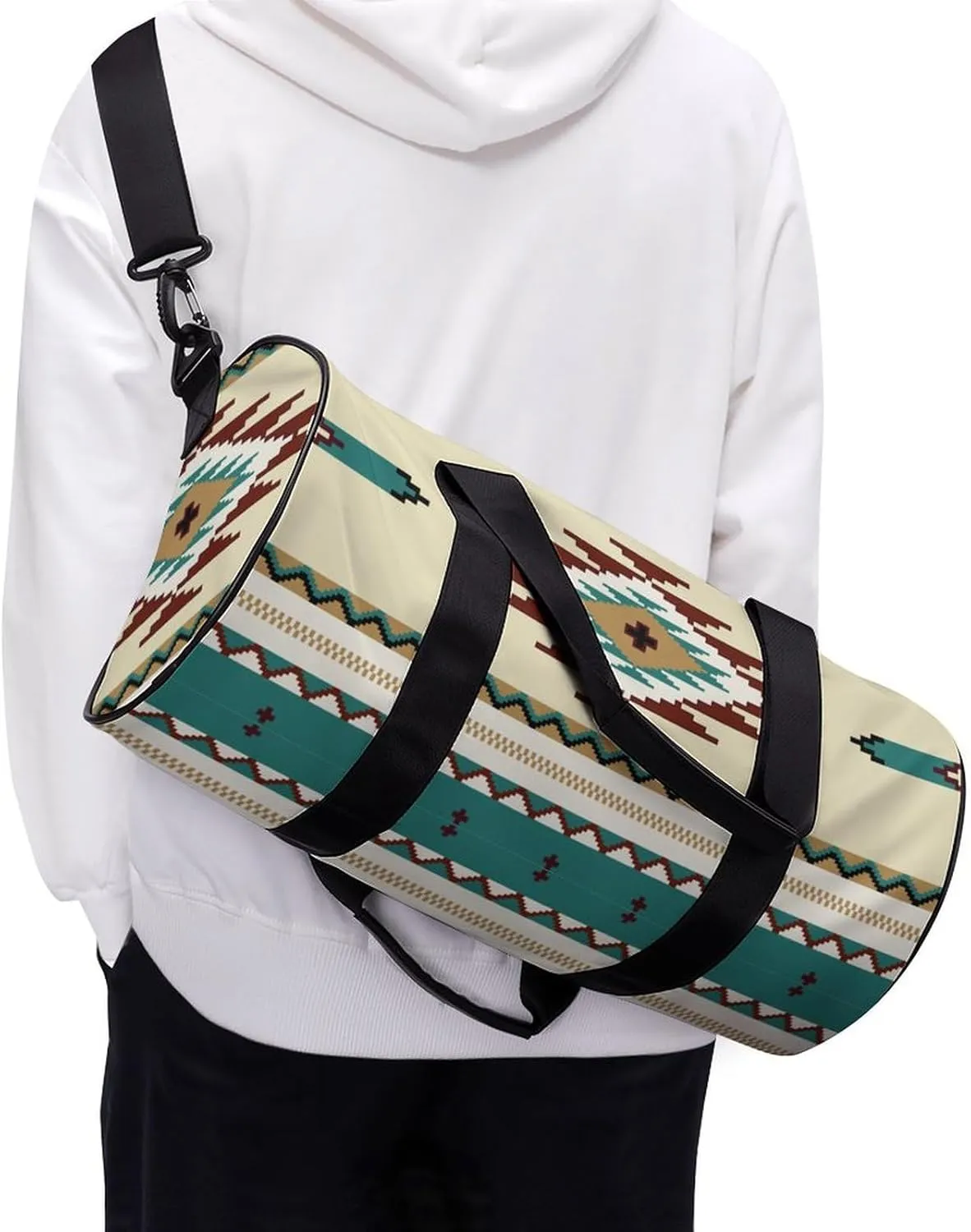 Ethnic Indiana Southwest Western Tribal Aztec Green Large Capacity Cylindrical Fitness Bag, Hand-held Fitness Bag