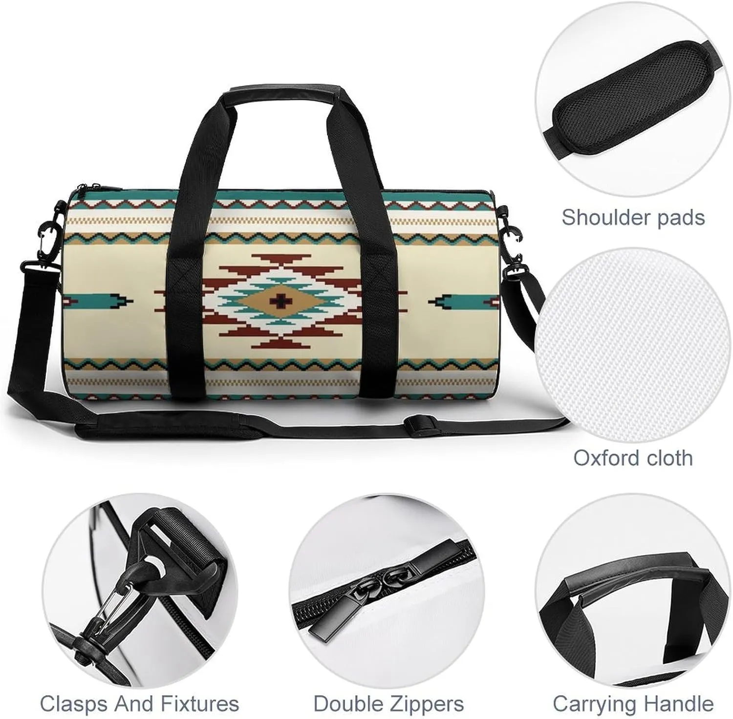 Ethnic Indiana Southwest Western Tribal Aztec Green Large Capacity Cylindrical Fitness Bag, Hand-held Fitness Bag