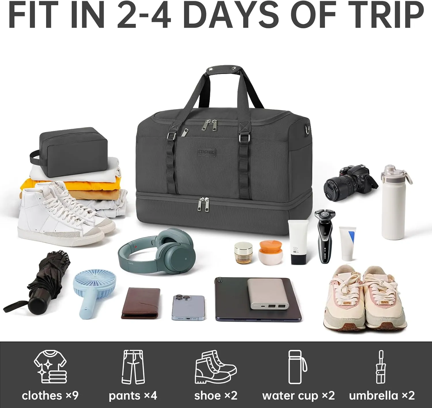 ETRONIK Duffle Bag for Men Women, Travel Bag with Shoe Compartment, Carry on Bags for Airplanes with Toiletry Bag, Weekender Overnight Bag for Gym Sports Trip, Grey