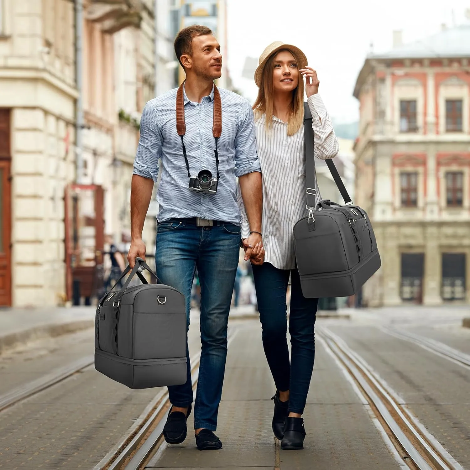 ETRONIK Duffle Bag for Men Women, Travel Bag with Shoe Compartment, Carry on Bags for Airplanes with Toiletry Bag, Weekender Overnight Bag for Gym Sports Trip, Grey