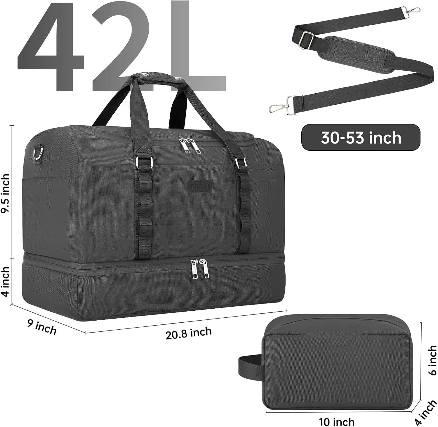 ETRONIK Duffle Bag for Men Women, Travel Bag with Shoe Compartment, Carry on Bags for Airplanes with Toiletry Bag, Weekender Overnight Bag for Gym Sports Trip, Grey