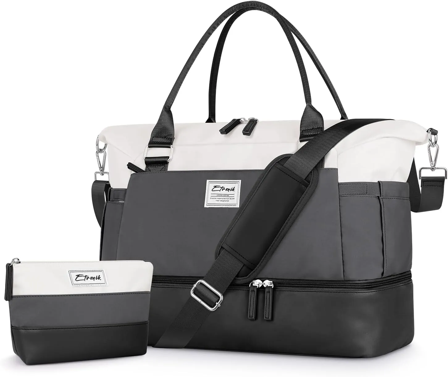 ETRONIK Weekender Bags for Women, Personal Item Travel Bag with Shoe Compartment, Carry On Overnight Bag with Toiletry Bag, Gym Duffel Bag with Wet Pocket for Travel, Sports, Hospital Black&Grey