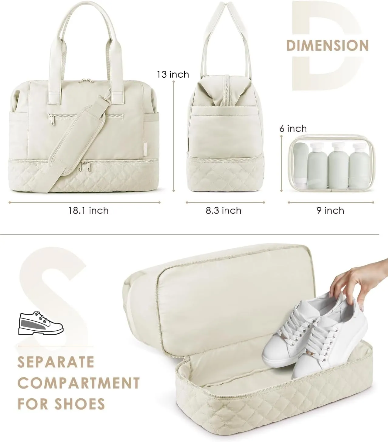 ETRONIK Weekender Bags for Women Travel, Personal Item Travel Bag with Shoe Compartment, Carry On Overnight Bag with Wet Pocket, Gym Duffel Bag for Travel, Sports, Weekend, Hospital Beige